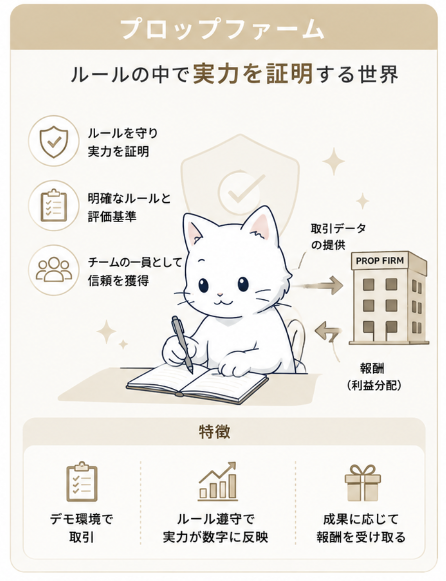 プロップファーム。ルールの中で実力を証明する世界。取引データの提供が実力の証明、その対価として報酬をもらう。