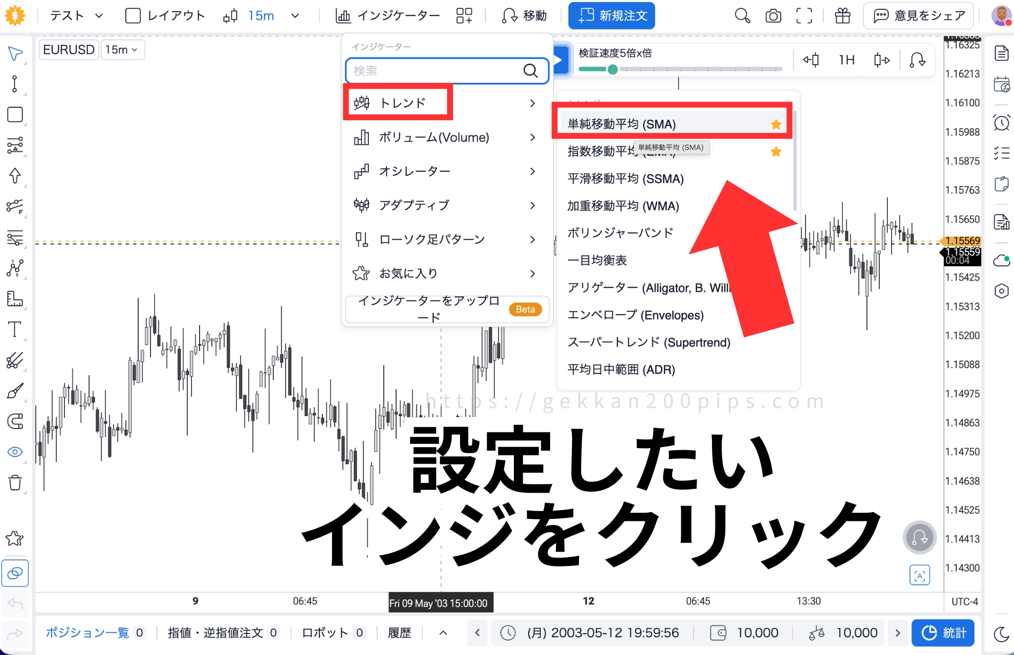 フォレックステスターオンラインで設定したいインジケーターを選択しクリック