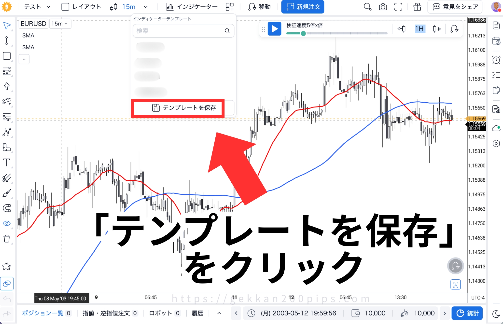 フォレックステスターオンラインでインジケーターを設定したら「テンプレートを保存」をクリック