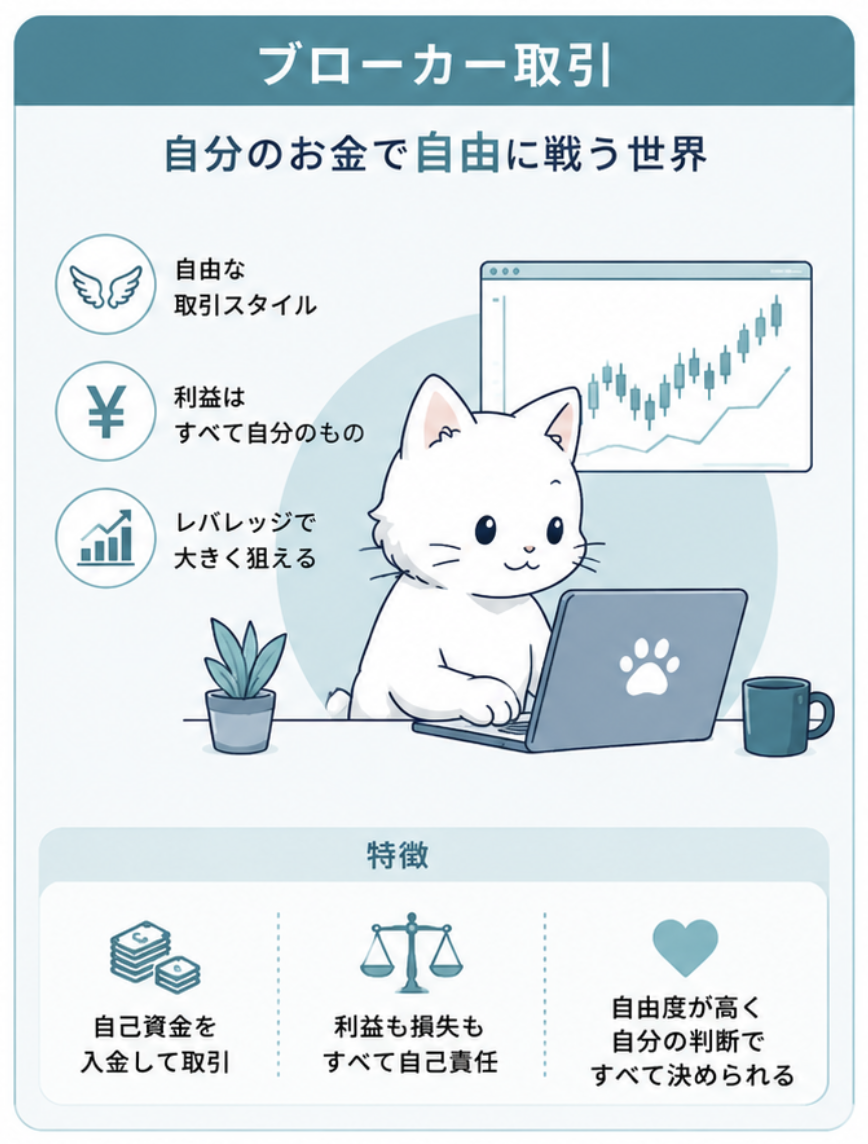ブローカー取引とは。自分のお金で自由に戦う世界。自己資金を入金して取引。利益も損失も全て自己責任。自由度が高く自分の判断で全て決められる。